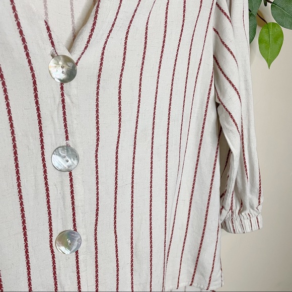 Lush Linen Blend Button Front Striped Puff 3/4 Sleeves Top Blouse Size Medium - Picture 3 of 7